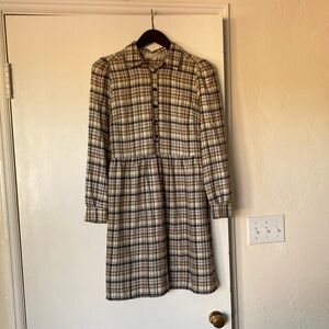 LOFT Beige Puff Sleeve Plaid Long Sleeve Dress